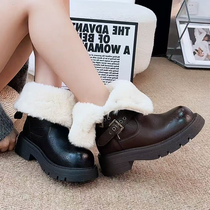 Street Fashion Walking - Fur Ankle Boots Women Flats Designer
