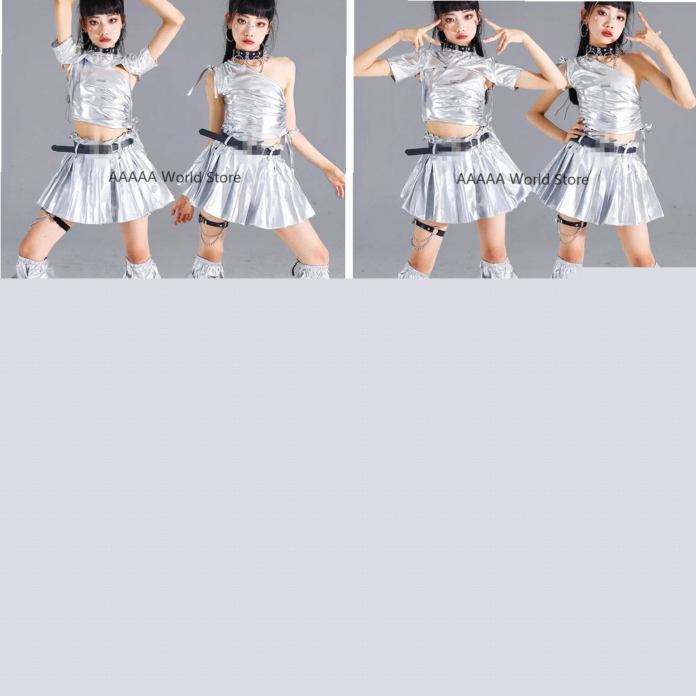 Street Fashion Europe - Cosplay Silver Crop Top Pleated Skirt