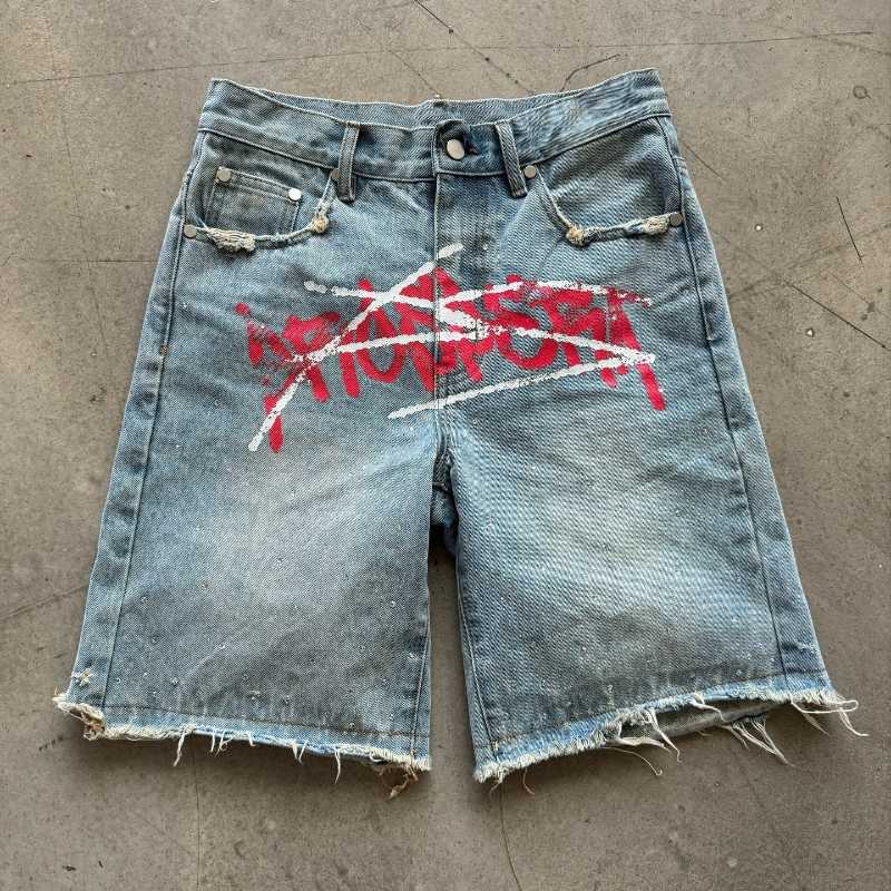 Street Fashion Art - Y2K Graffiti Jorts Rhinestone Distressed Printed