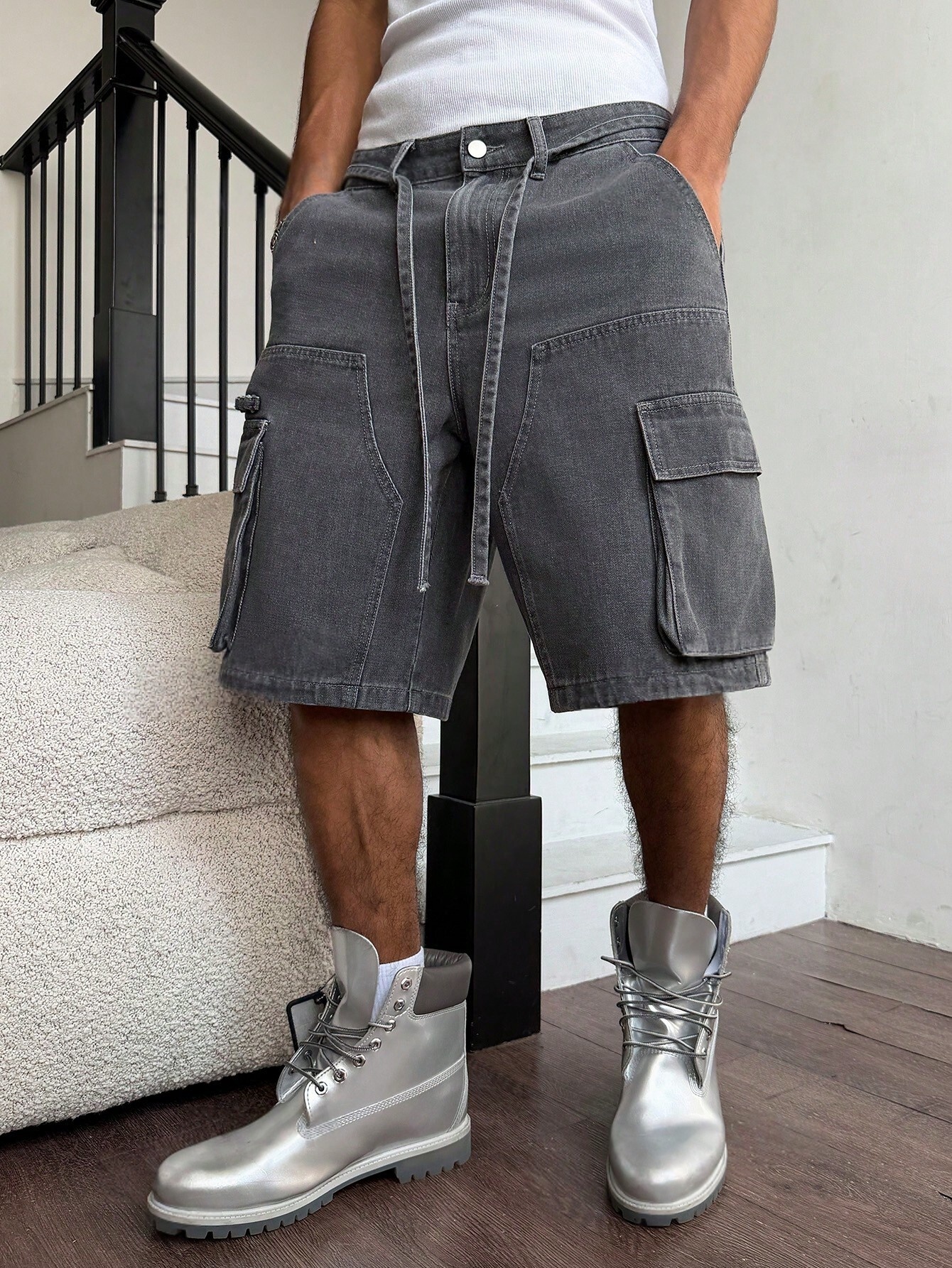 Men Grey Washed Cargo Denim Sh – обзор и цена Street Fashion Art